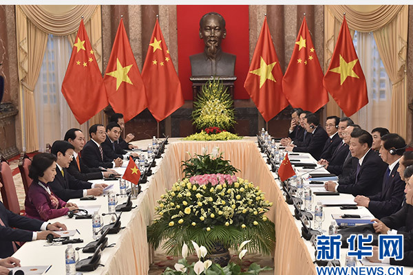 11月6日，中共中央總書記、國家主席習(xí)近平在河內(nèi)同越南國家主席張晉創(chuàng)舉行會談。 新華社記者李濤攝